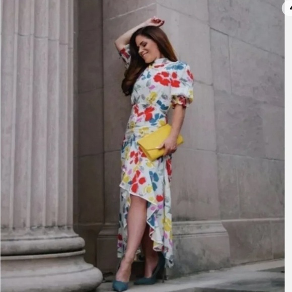 RIXO Floral Maxi Dress Mock Neck Cascade Ruffle Split - Picture 6 of 12